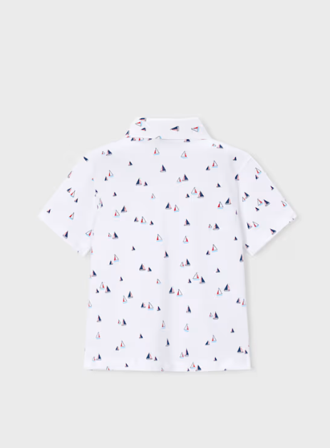 3101 Mini Boy Eco-Cotton Sail Boat Print S/S Polo Shirt - White and Tomato Red