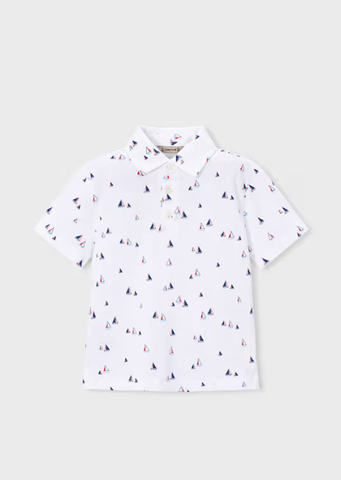 3101 Mini Boy Eco-Cotton Sail Boat Print S/S Polo Shirt - White and Tomato Red
