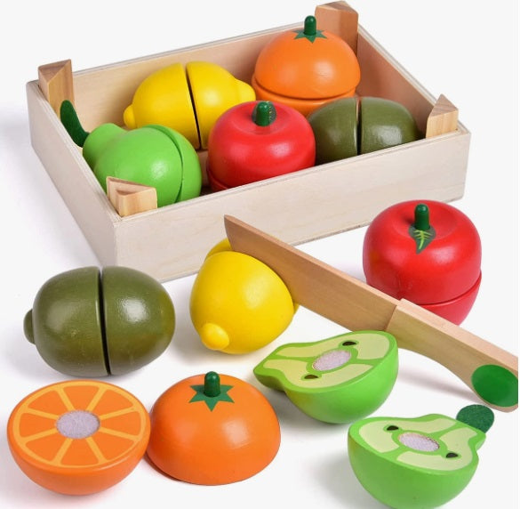 Wooden Cutting Play Food Toy w/Crate, 11 Pcs