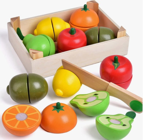 Wooden Cutting Play Food Toy w/Crate, 11 Pcs, Fruit