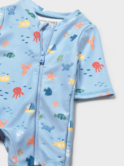 1620 Mayoral Baby Boys Rashguard Bathing Bodysuit w/ Sun Hat - Blue Ocean