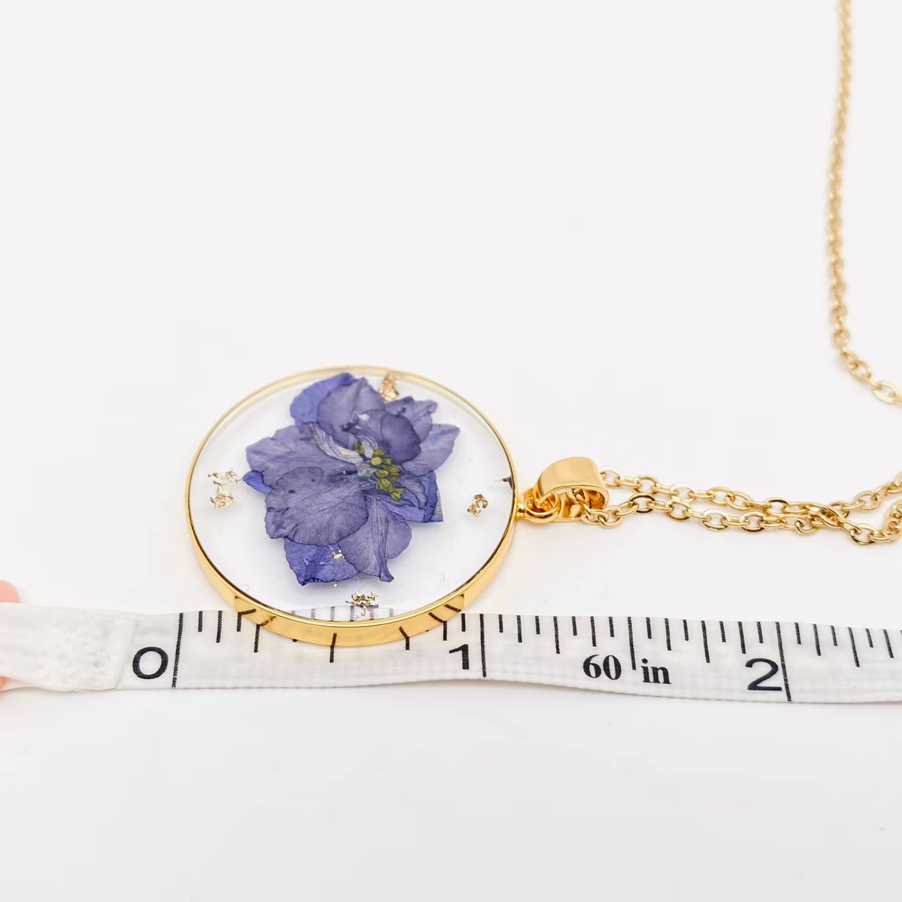 Genuine Pressed Flowers Pendant Necklace 1.25"DIA Round, Delphinium Purple