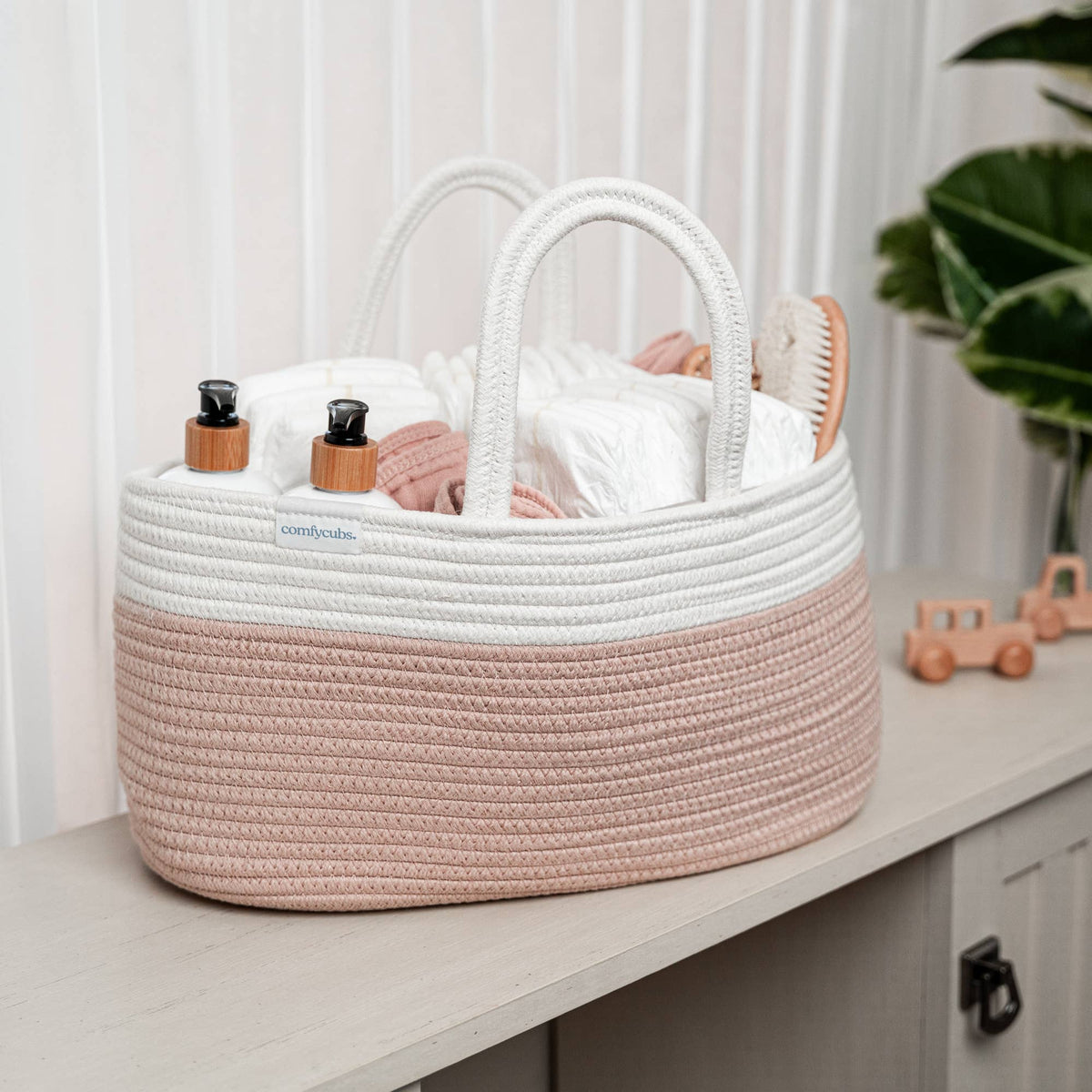 Roped diaper caddy in blush pink and white, detail 5