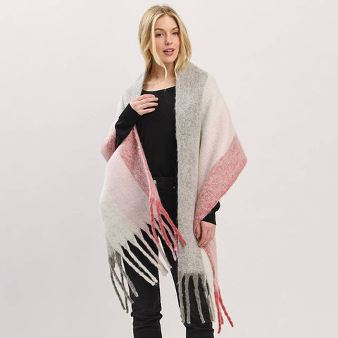 Oversized Solid Colorblock Soft Brushed Knit Fringe Scarf: Pink