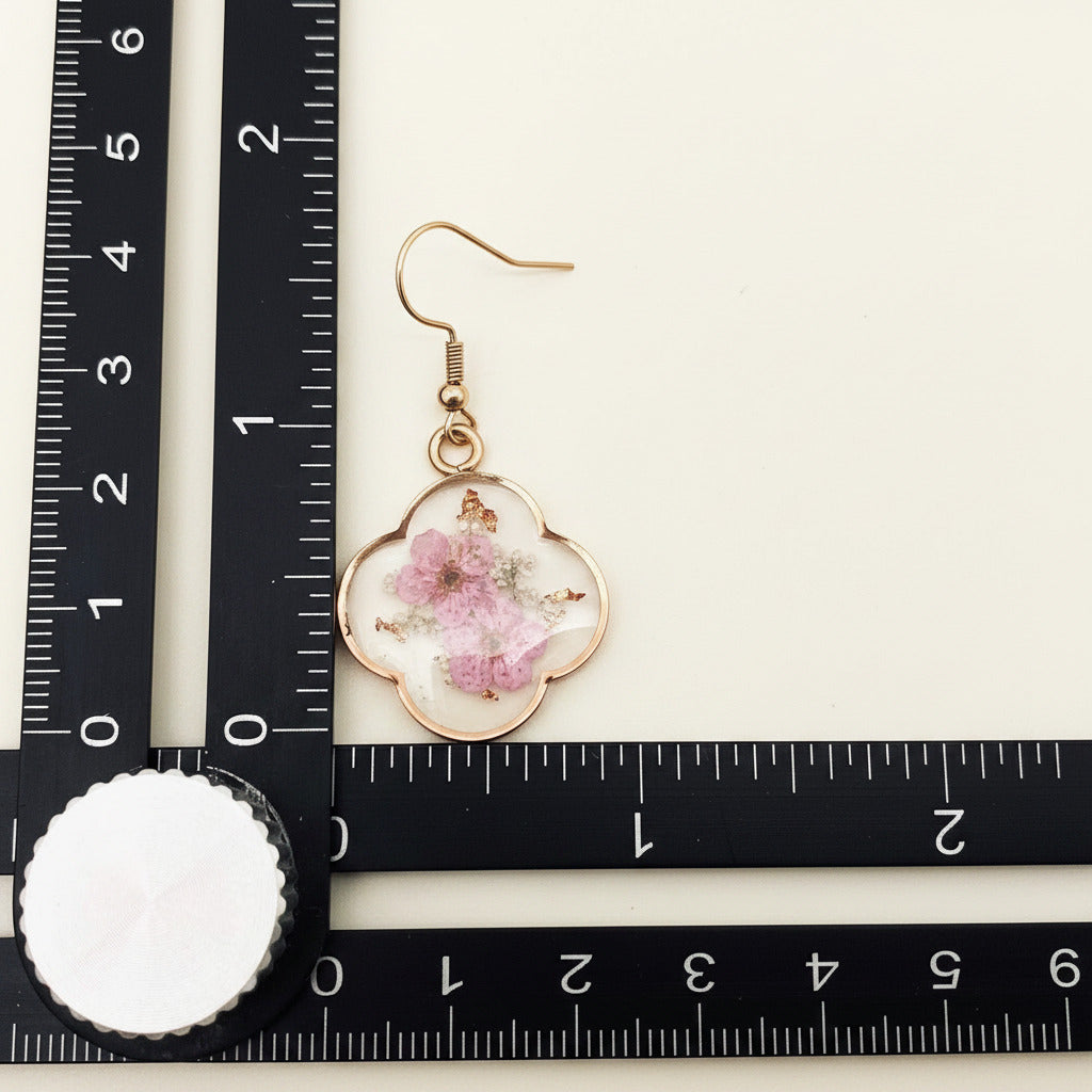 Genuine Pressed Flowers Earrings Dangle Hook, Clover, Rose Gold, Queen Anne's Lace & Daffodil Pink
