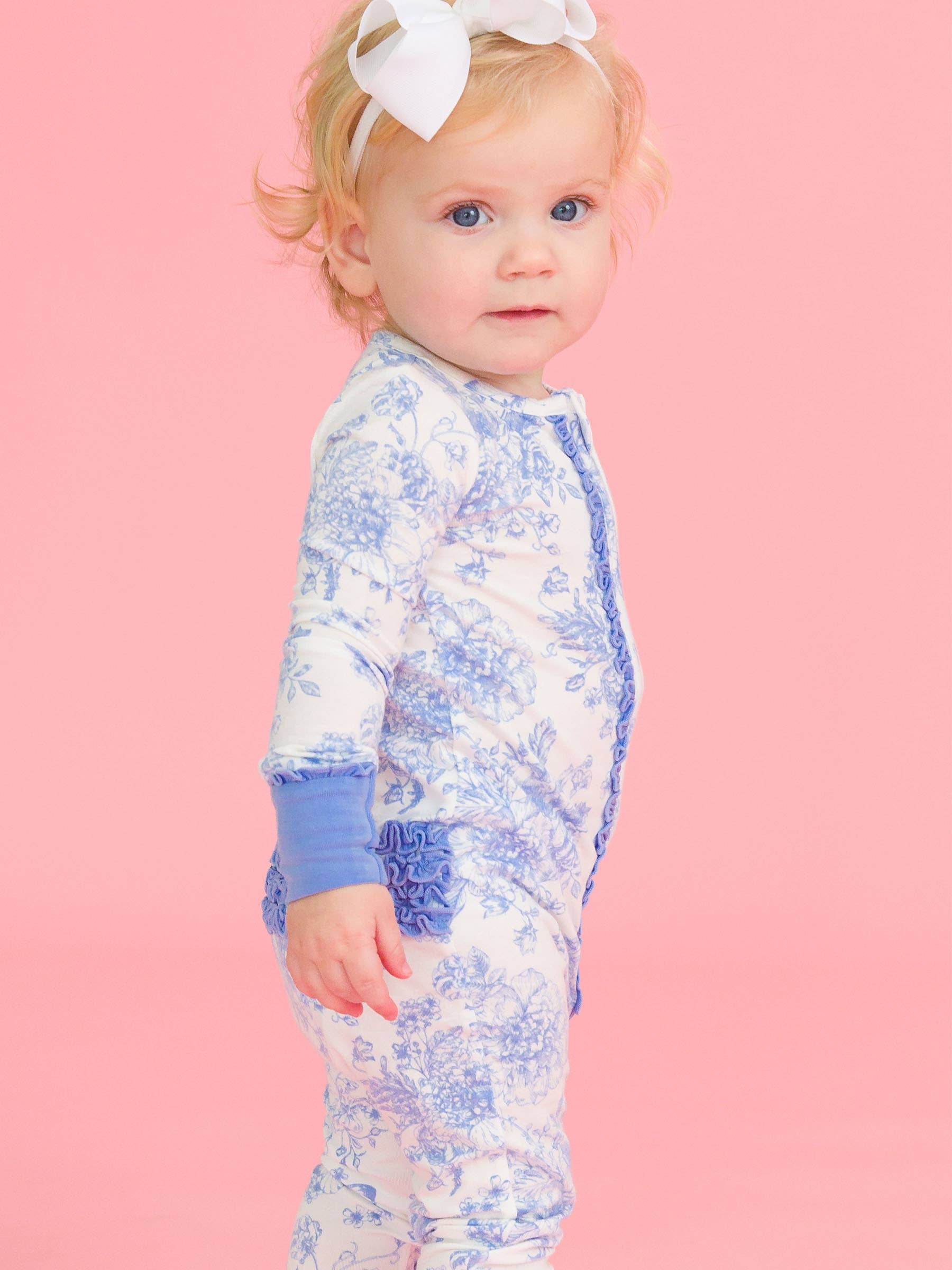 SoftSnooze™ Baby Girls Bamboo Convertible Ruffled Romper - Periwinkle Blue Butterfly Toile