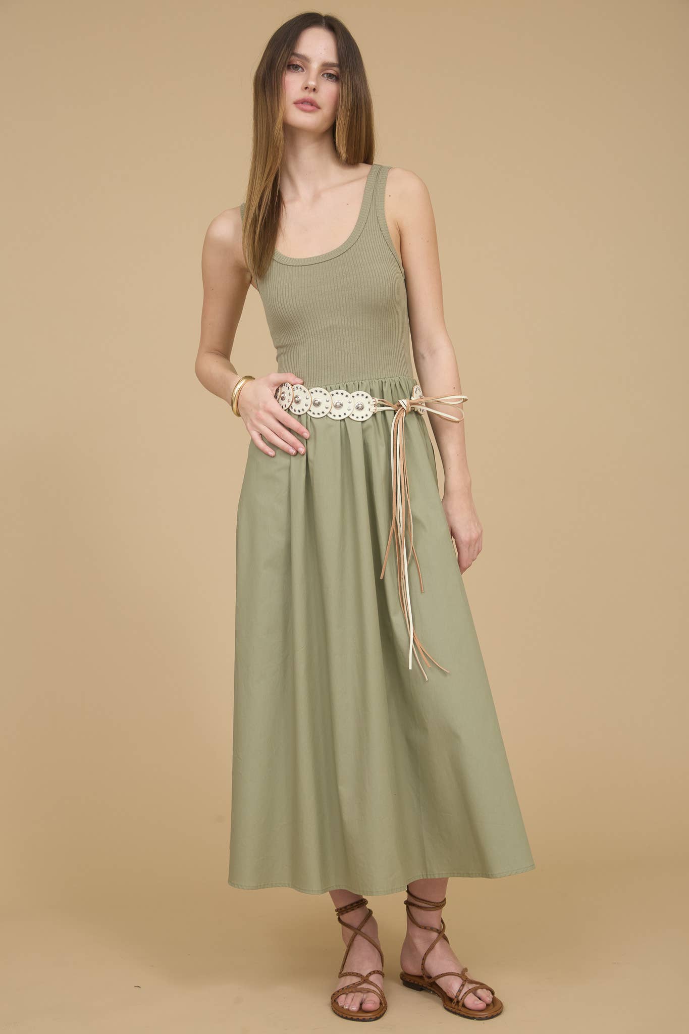 Women's Mixed Media Knit Tank Midi Dress - Light Olive Green S (2-4) Women's Mixed Media Knit Tank Midi Dress - Light Olive Green S (2-4)
