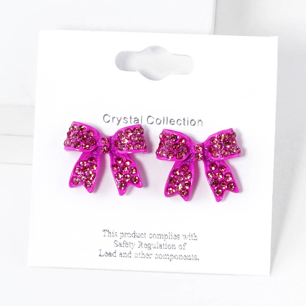 Pave Bow Stud Earrings: Fuchsia Pink Crystallized