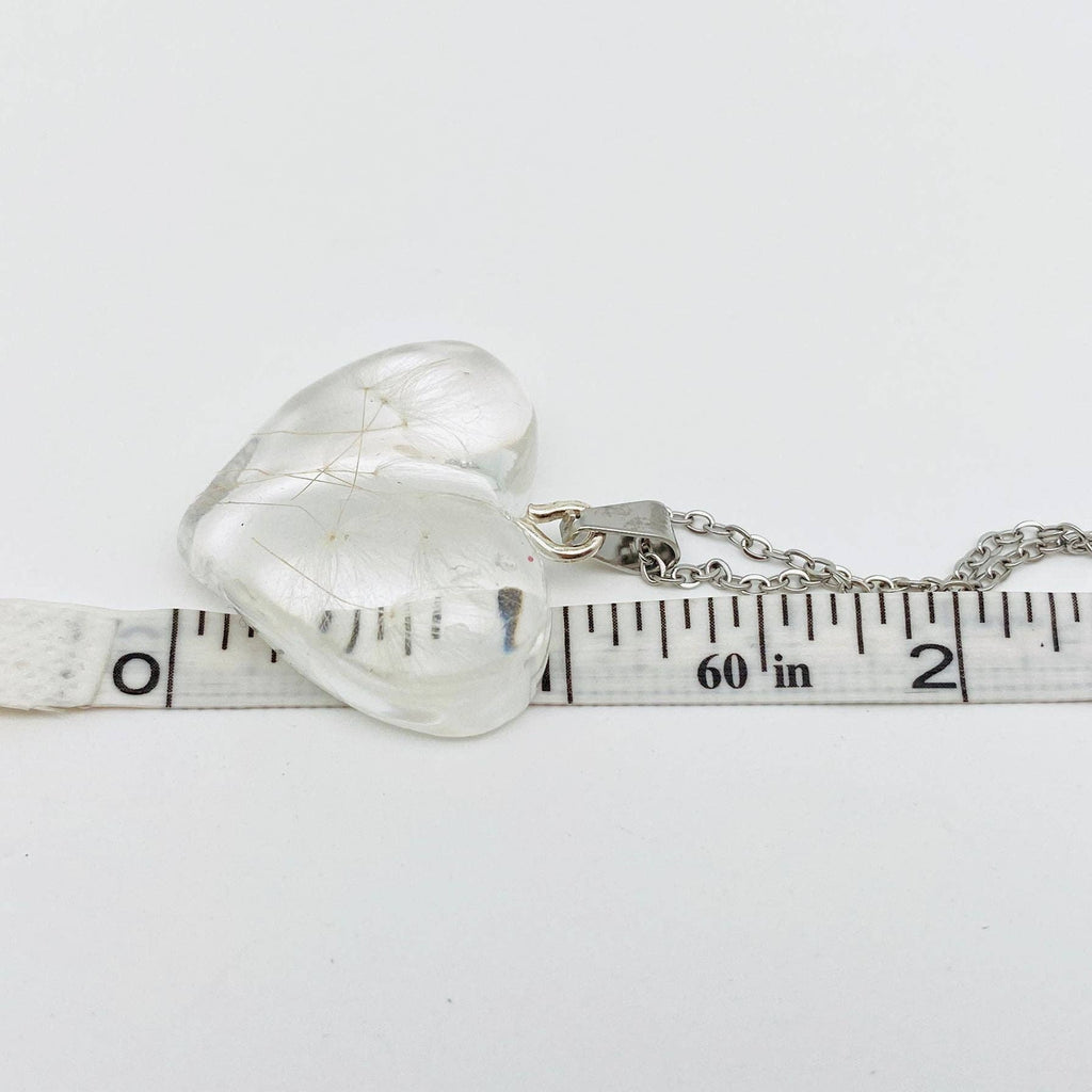 Genuine Pressed Dried Flowers, Dandelion Encased Resin Heart-Shaped Charm Necklace, White