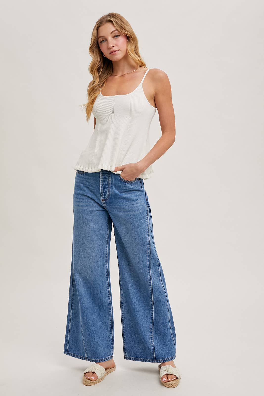 Women's Knit Ribbed Ruffled Hem Adjustable Strap Tank Top - Soft White