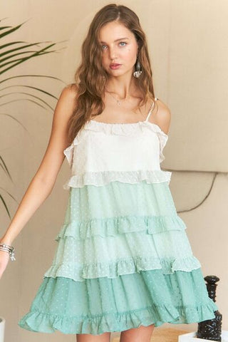 Swiss Dot Ruffled Tiered Mini Sun Dress - Ombre Mint