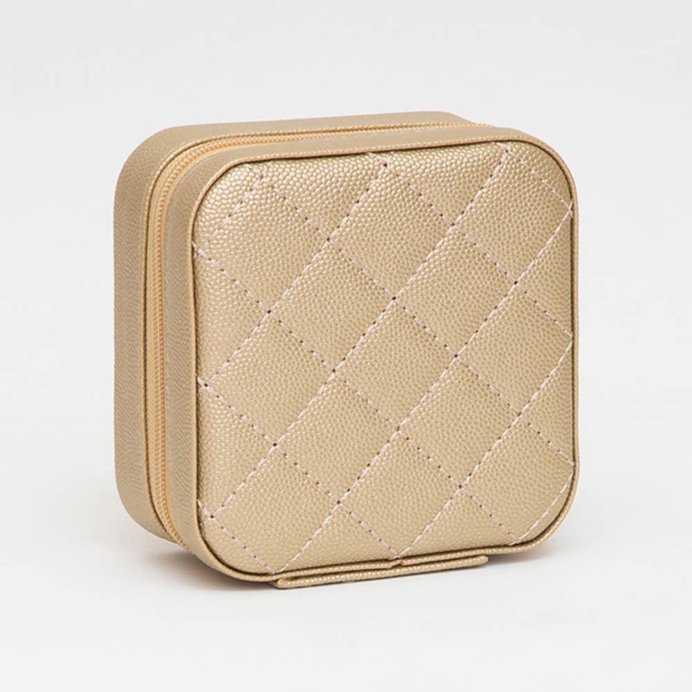 Leatherette Travel Square Jewelry Box - Quilted Gold