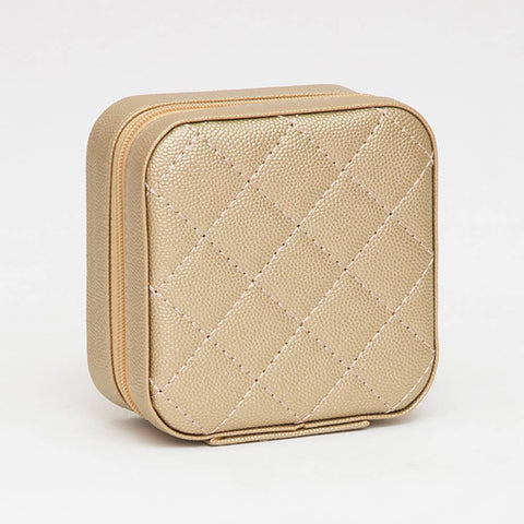 Leatherette Travel Square Jewelry Box - Quilted Gold