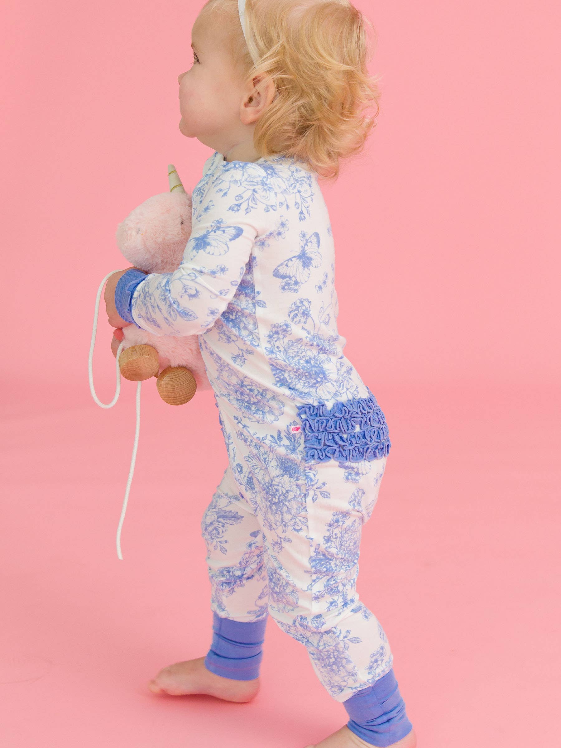 SoftSnooze™ Baby Girls Bamboo Convertible Ruffled Romper - Periwinkle Blue Butterfly Toile