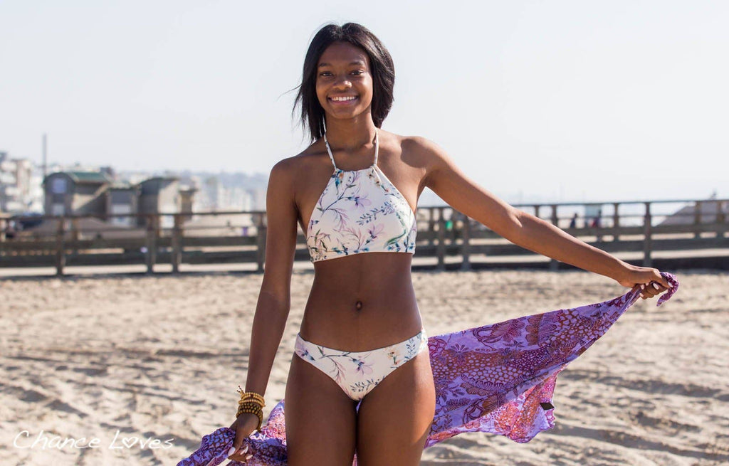Tween/Teen Reversible Eco-friendly, Sustainable Swim Halter Top - Isla Corsica Natural Floral/Lt Lavender
