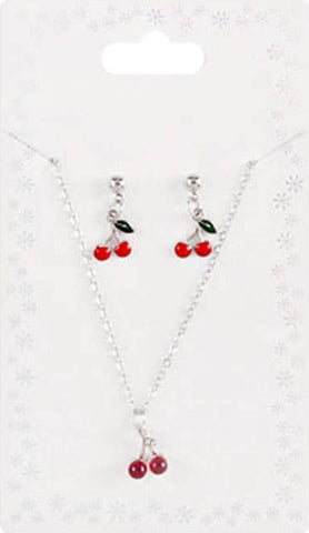 Enamel Pendant Necklace and Dangle Earring Set - Red Cherry, Silver