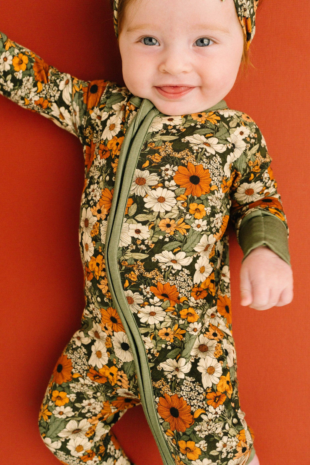 Bamboo Zippered L/S Convertible Romper - Green & Burnt Orange, Rustic Blooms