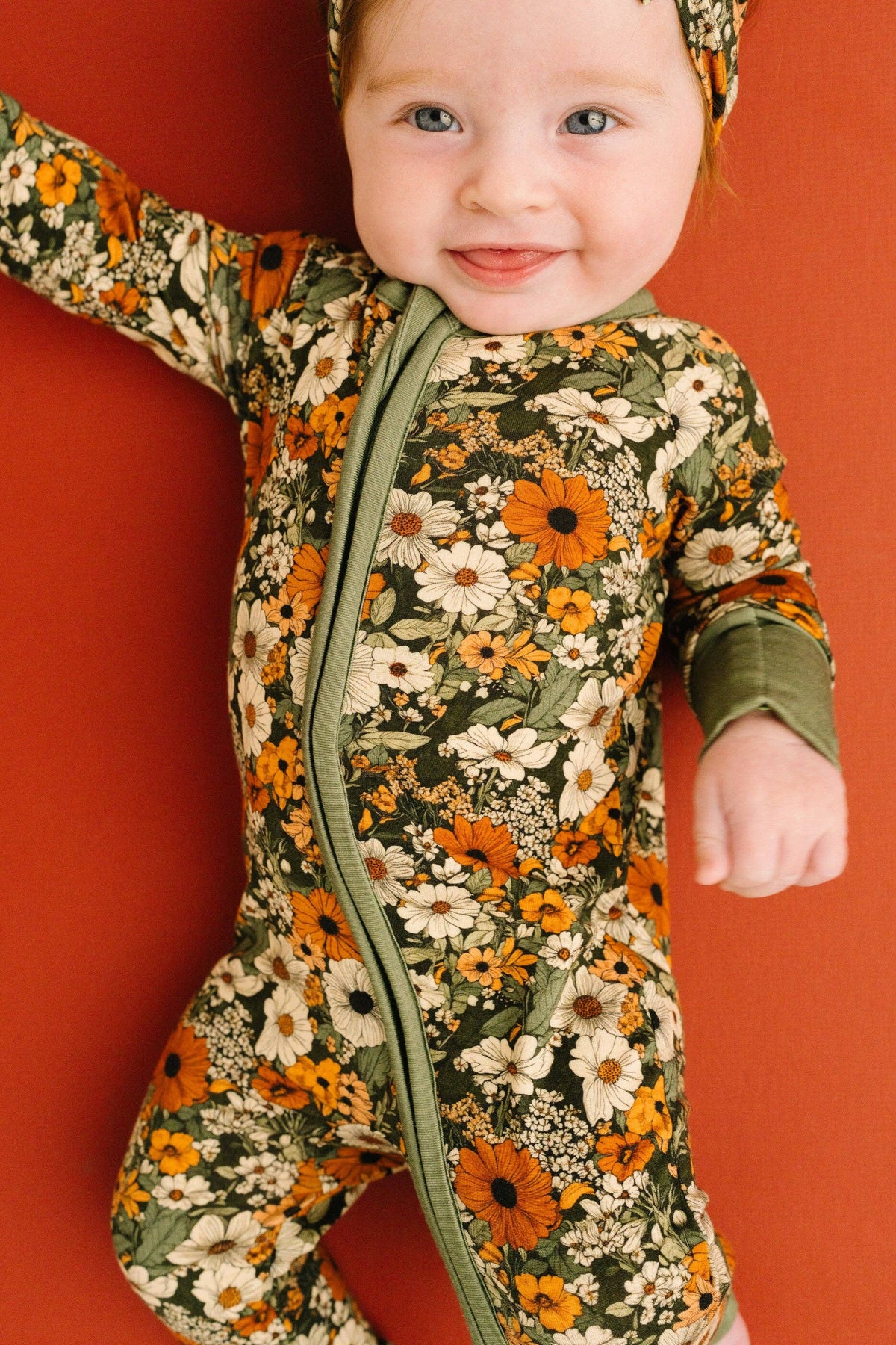 Bamboo Zippered L/S Convertible Romper - Green & Burnt Orange, Rustic Blooms
