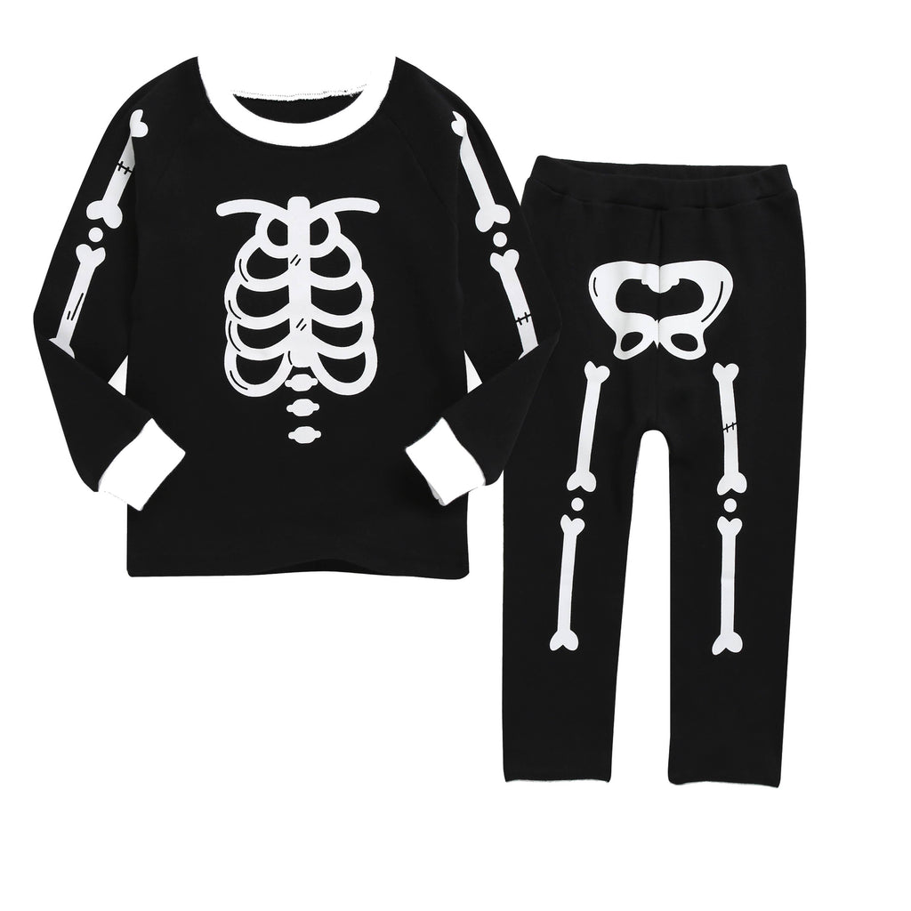 Glow in the dark skeleton pajama set, black top and pants, set front view
