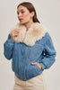 Bluivy Detachable Faux Fur Collar Lined Zippered Denim Jacket