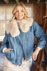 Bluivy Detachable Faux Fur Collar Lined Zippered Denim Jacket