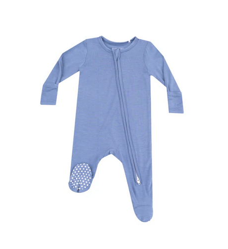 Angel Dear bamboo 2 way zip footie, country blue, front view