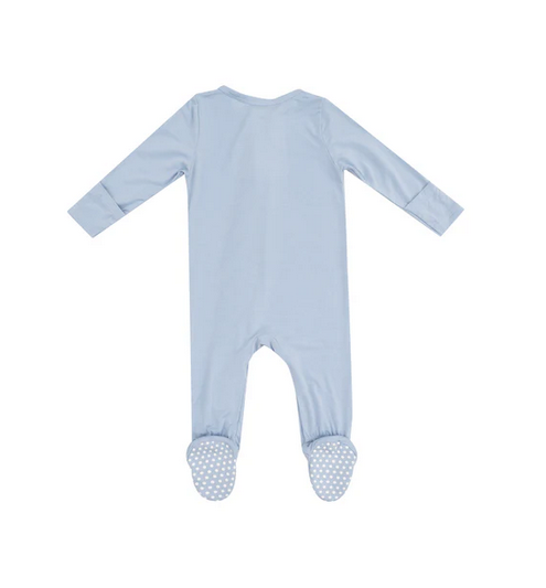 Angel Dear bamboo 2 way zip footie, blue fog, back view