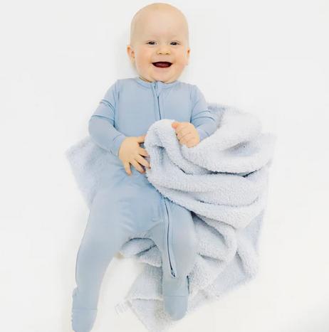 Angel Dear bamboo 2 way zip footie, blue fog, worn by baby