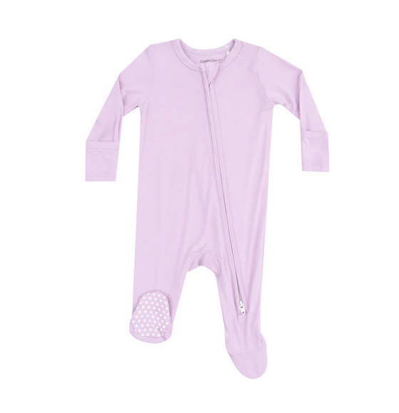 Angel Dear bamboo 2 way zip footie, windsome orchid, front view