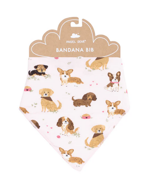 Angel Dear bamboo bandana bib, best friends dogs pink, on card