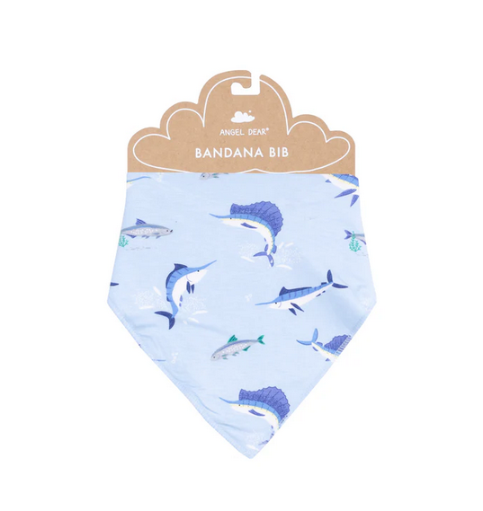 Angel Dear bamboo bandana bib, deep sea fishing blue, on card