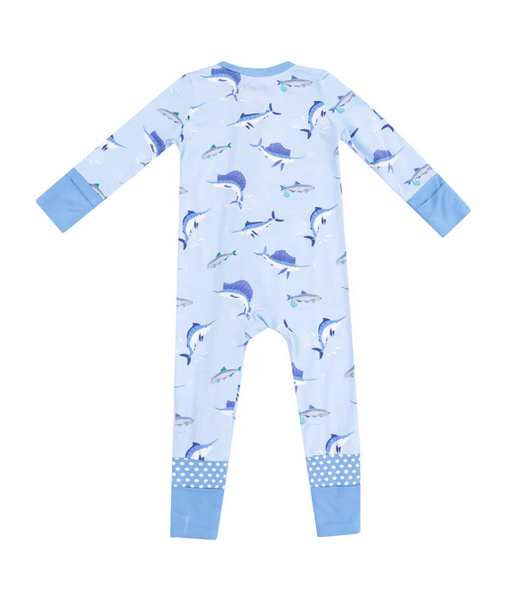 Angel Dear bamboo convertible zip romper, deep sea fishing blue, back view