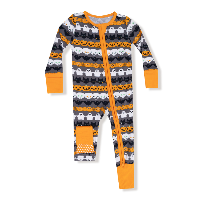 Angel Dear bamboo convertible zip romper, Halloween paper garland orange, front view