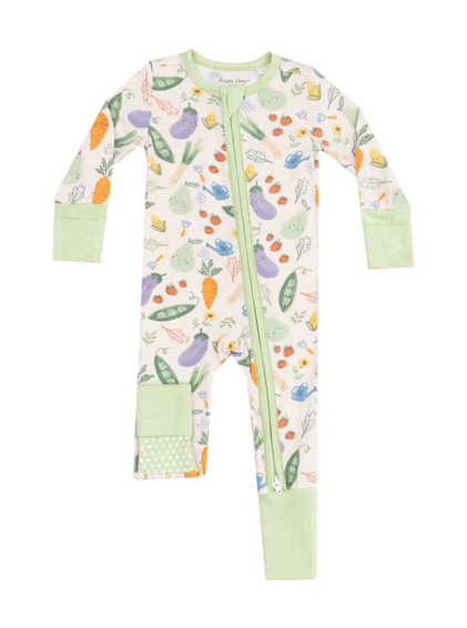 Angel Dear bamboo convertible zip romper, light veggie patch, front view
