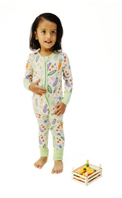Angel Dear bamboo convertible zip romper, light veggie patch, worn by child