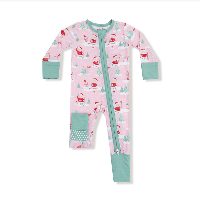 Angel Dear bamboo convertible zip romper, Mrs Claus pink, front view