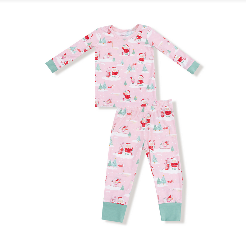 Angel Dear bamboo long sleeve pajama set, Golf Mrs Claus pink, set front view