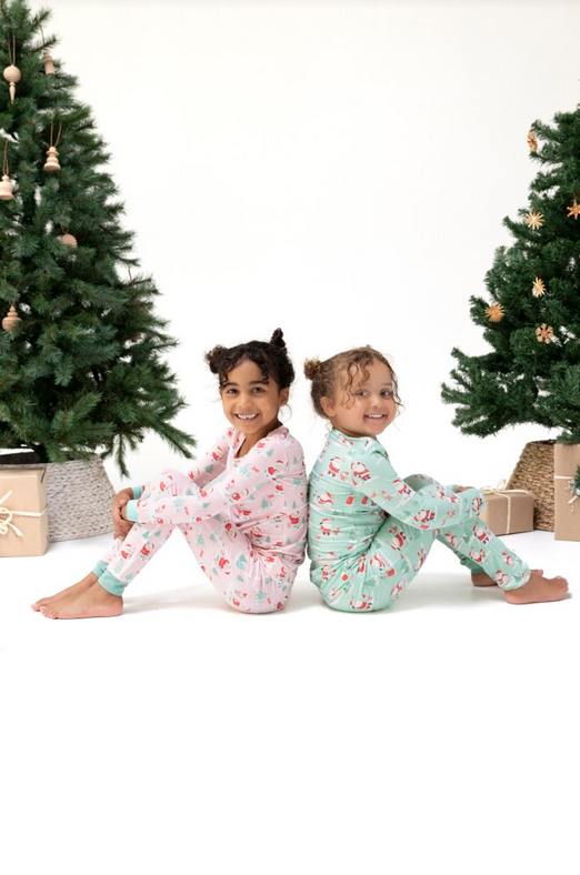 Angel Dear bamboo long sleeve pajama set, Golf Mrs Claus pink, siblings in matching prints