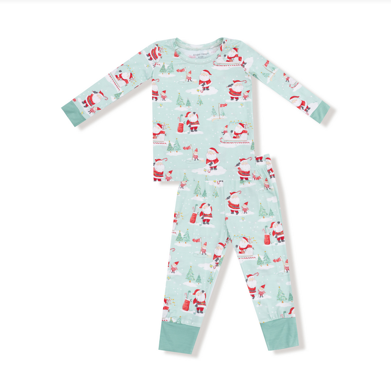 Angel Dear bamboo long sleeve pajama set, Golf Santa green, set front view