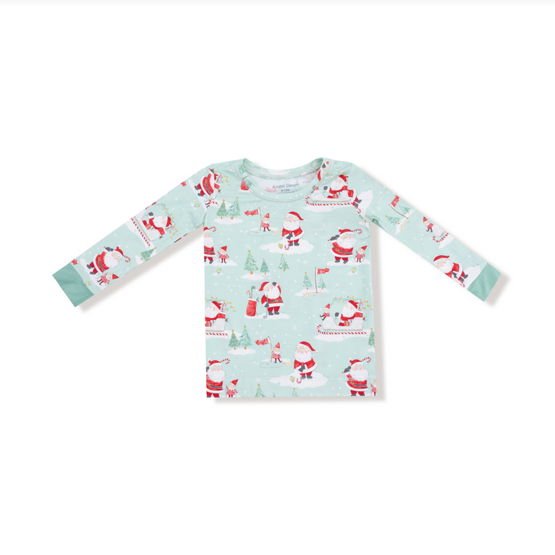 Angel Dear bamboo long sleeve pajama set, Golf Santa green, top front