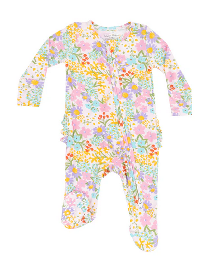 Angel Dear bamboo ruffled zip footie, Amelia bright floral, front view