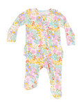 Angel Dear bamboo ruffled zip footie, Amelia bright floral, front view