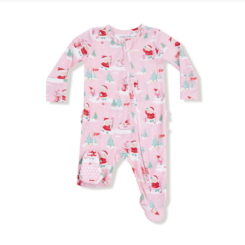 Angel Dear bamboo ruffled zip footie, Golf Mrs Claus pink, front view