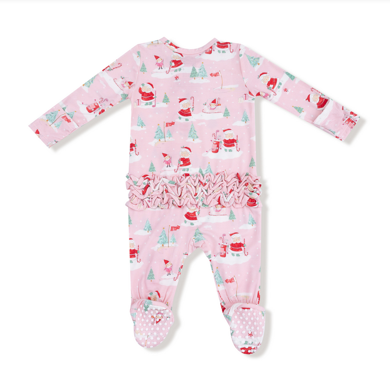 Angel Dear bamboo ruffled zip footie, Golf Mrs Claus pink, back view