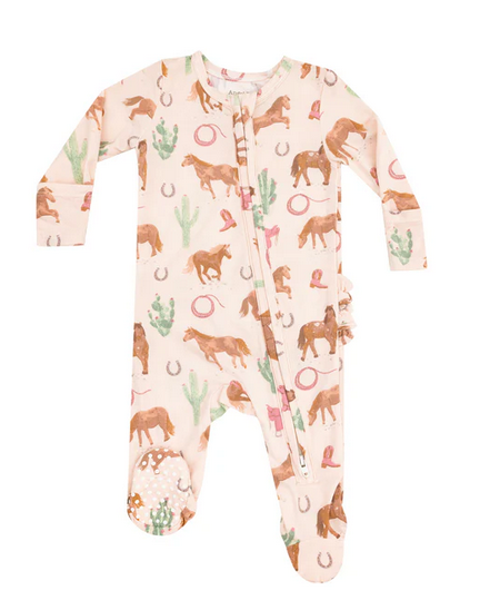 Angel Dear bamboo ruffled zip footie, western horses pink, front view