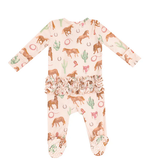 Angel Dear bamboo ruffled zip footie, western horses pink, back view
