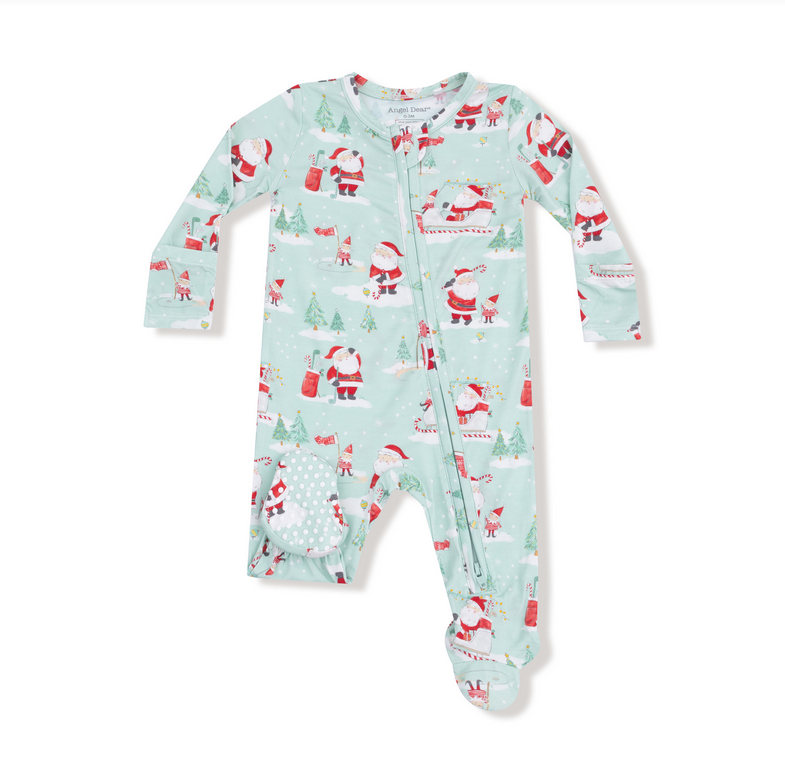 Angel Dear bamboo zip footie, Golf Santa green, front view