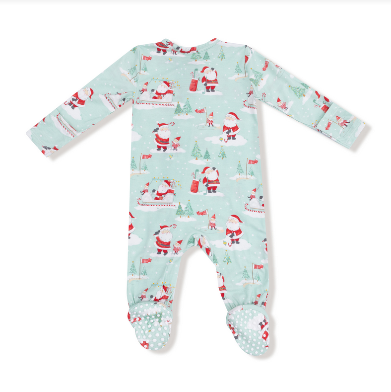 Angel Dear bamboo zip footie, Golf Santa green, back view