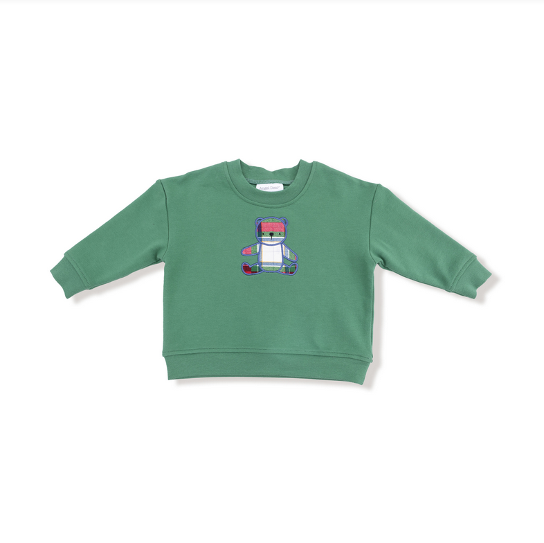 Angel Dear French terry sweatshirt, embroidered plaid teddy bear, front view