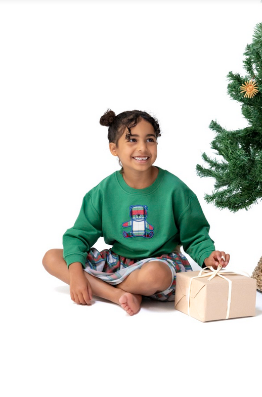 Angel Dear French terry sweatshirt, embroidered plaid teddy bear, worn by child seated